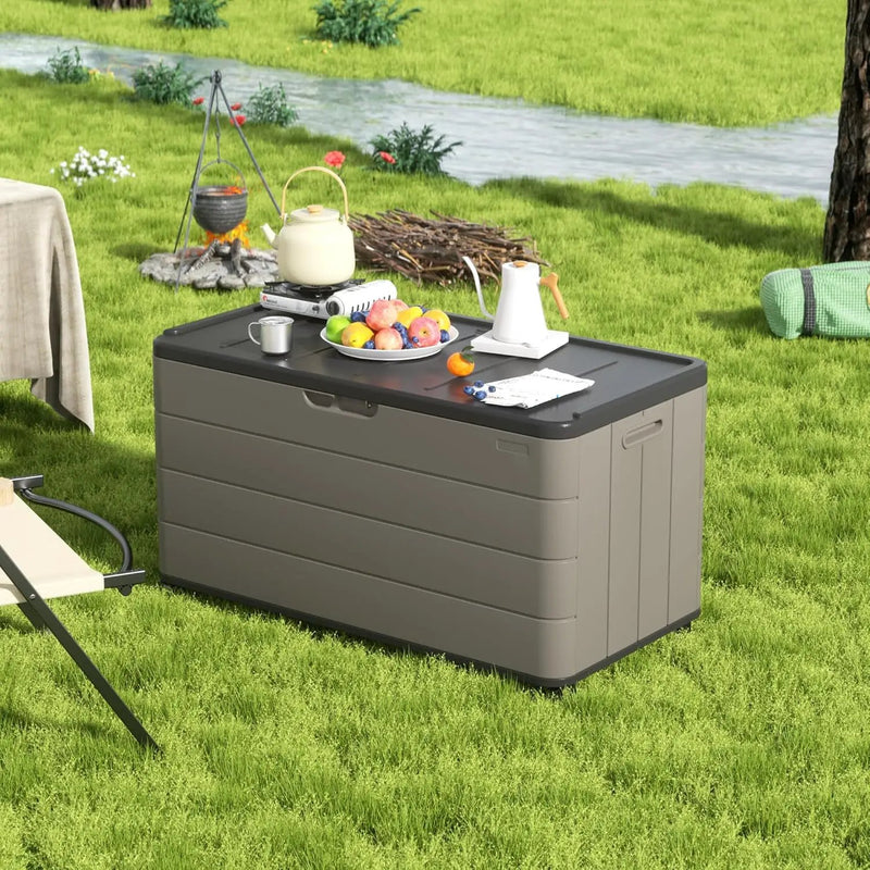 100GAL Brown Wicker-Textured Deck Box with Wheels – Lockable, Waterproof, UV-Resistant, Spacious Storage for Patio & Garden Supplies, Easy Handling by GreenHaven Gardens