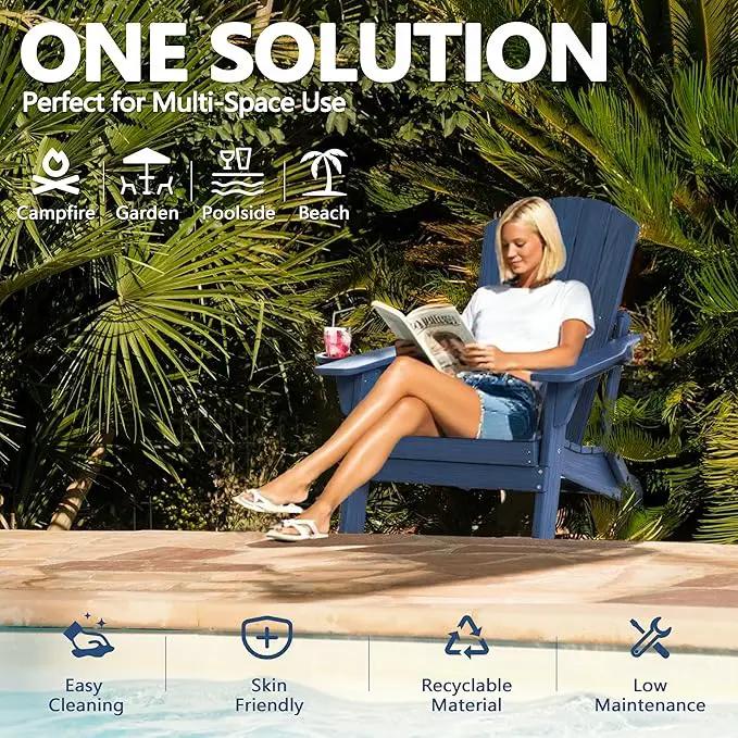 Folding Adirondack Chair Set of 4 with Cup Holder, HDPE All Weather Resistant Plastic Outdoor Patio Chairs, Heavy Duty Fire Pit Seating for Backyard Lawn Garden, Wooden Textured Design(Navy Blue) by GreenHaven Gardens