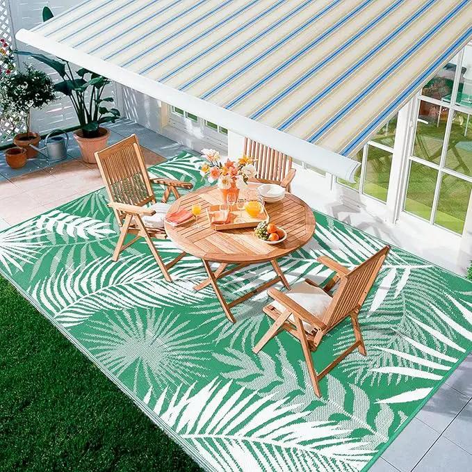 Outdoor Rug 8'x10' Waterproof for Patios Clearance, Reversible Outdoor Plastic Straw Rug Camping Carpet, Outside Floor Mats Large Area Rugs for RV,Patio,Deck,Porch, Beach,Balcony,Green&White by GreenHaven Gardens