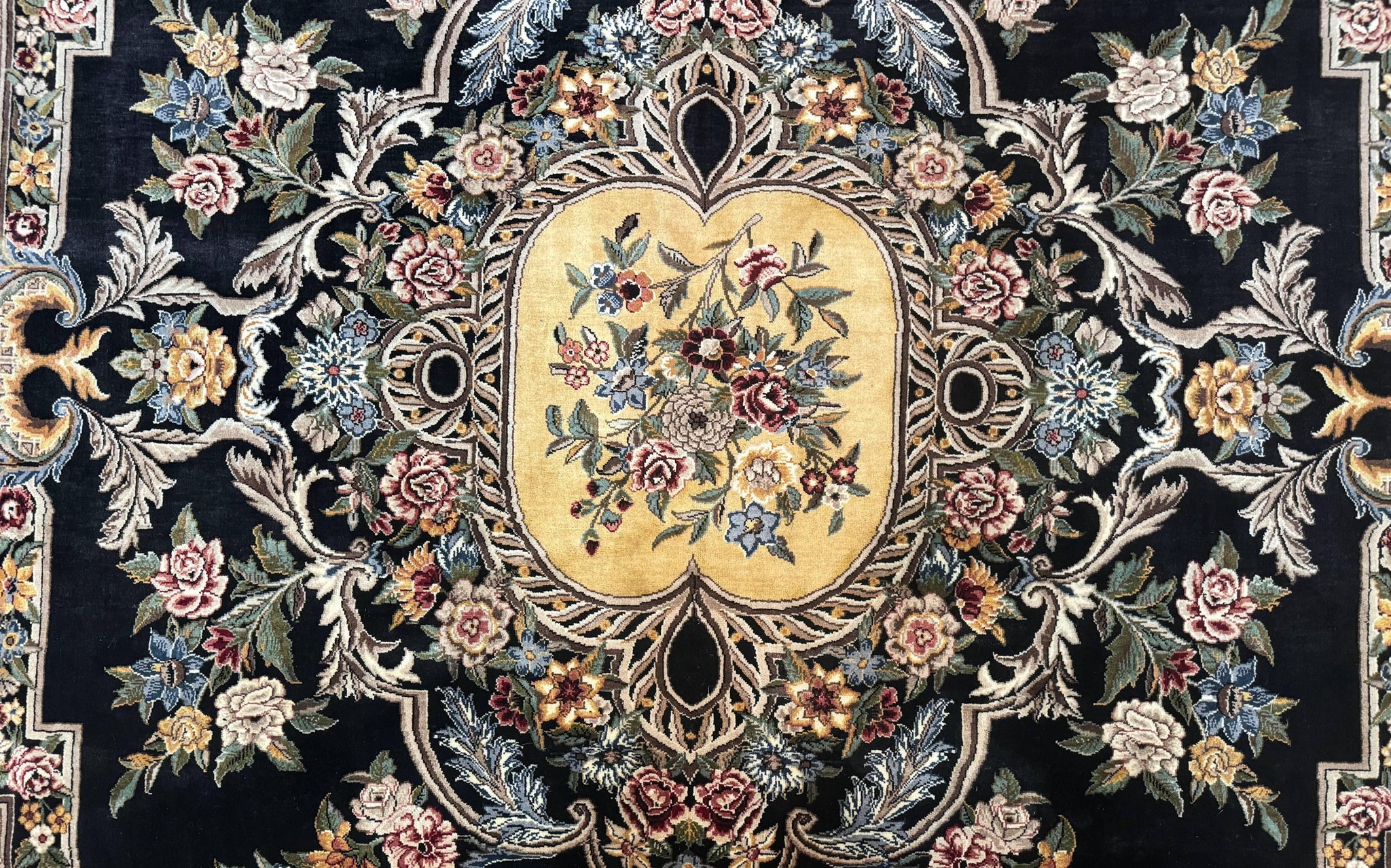Aubusson Rug 9x12, Black and Beige, Floral, Elegant Handmade French European Design Carpet by Jewel Rugs