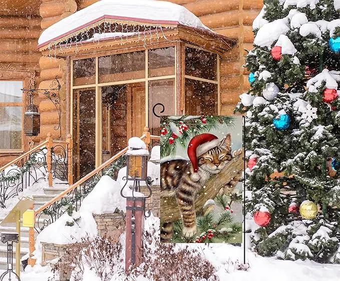 BLKWHT Winter Cat Garden Flag 12x18 Vertical Double Sided Christmas Holiday Outside Decorations Burlap Yard Flag BW738 by GreenHaven Gardens