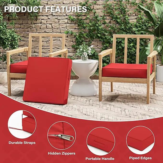 Patio Chair Cushions 22 X 22 X 4 Inch Waterproof Outdoor Seat Cushions for Patio Furniture, Outdoor Sofa Couch Pads with Ties & Handle, Set of 2, Red by GreenHaven Gardens
