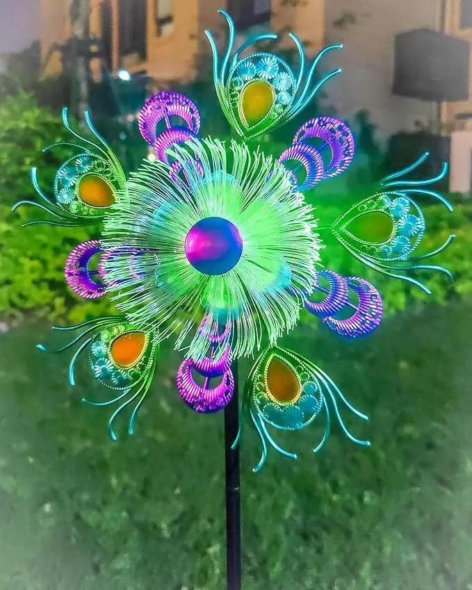 Solar Peacock Wind Spinners for Yard and Garden, 40 Inch Solar Windmill Garden Whirligig Kinetic Spinners Decor for Lawn,Patio&Yard, Metal Whirligigs Green Wind Spinners Outdoor by GreenHaven Gardens