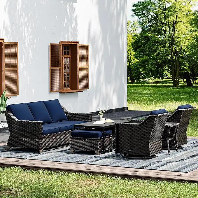 Joyside Wicker Patio Furniture Sets, 7 Pieces Upgraded Large Size Outdoor Furniture with Swivel Rocking Patio Chairs, 3-Seat Sofa, Outdoor Ottoman and Coffee Table, Thick Cushions, Wide Armrest by GreenHaven Gardens