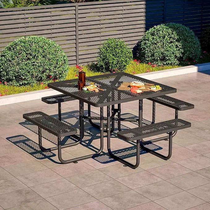 79'' Steel Square Picnic Table for Outdoors, Expanded, Lifetime Picnic Table with Umbrella Hole, Heavy Duty Sturdy Commercial Picnic Tables for Garden Courtyard BBQ, Black by GreenHaven Gardens