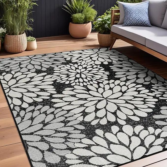 Beverly Rug Outdoor Rug 6x9 Modern Exotic Tropical Leaf Area Rugs for Indoor and Outdoor Patio Deck Porch Garden Water Resistant Washable Outside Carpet (6 x 9 Dark Gray) by GreenHaven Gardens