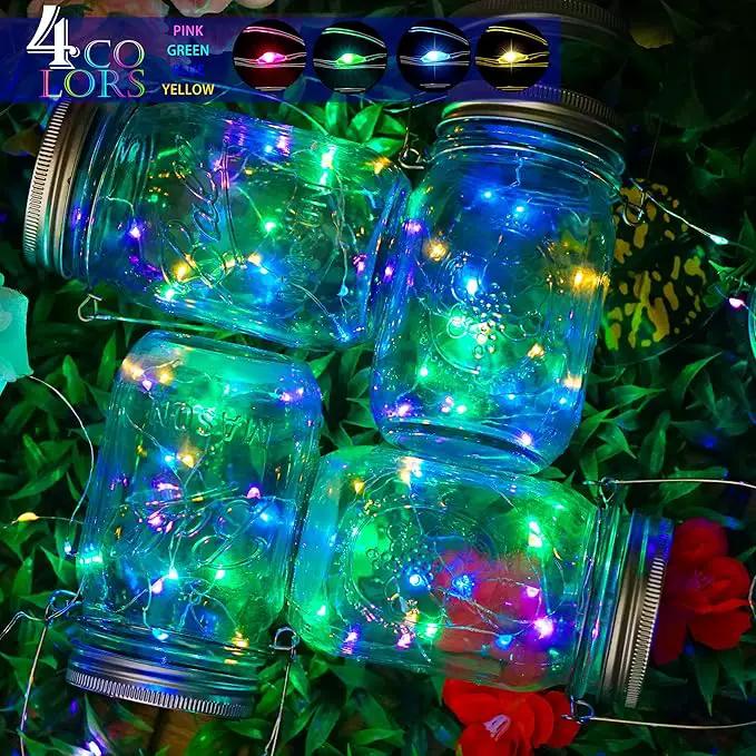 SunKite Solar Mason Jar Lights [Updated], 8 Pack 20 LED Waterproof Fairy Firefly Jar Lids String Lights with Hangers(NO Jars), Patio Yard Garden Wedding Decoration - Colorful by GreenHaven Gardens