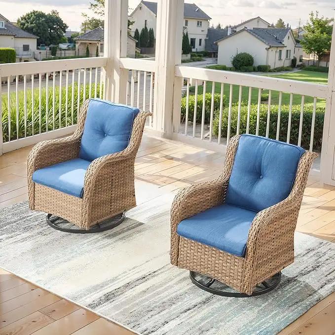Outdoor Swivel Rocker Patio Chairs - 360 Degree Swivel Glider Seating 350LBS Weight Capacity Wicker Rocking Chairs Set of 2 with Removable Cushion for Porch Balcony Deck, Yellow/Blue by GreenHaven Gardens