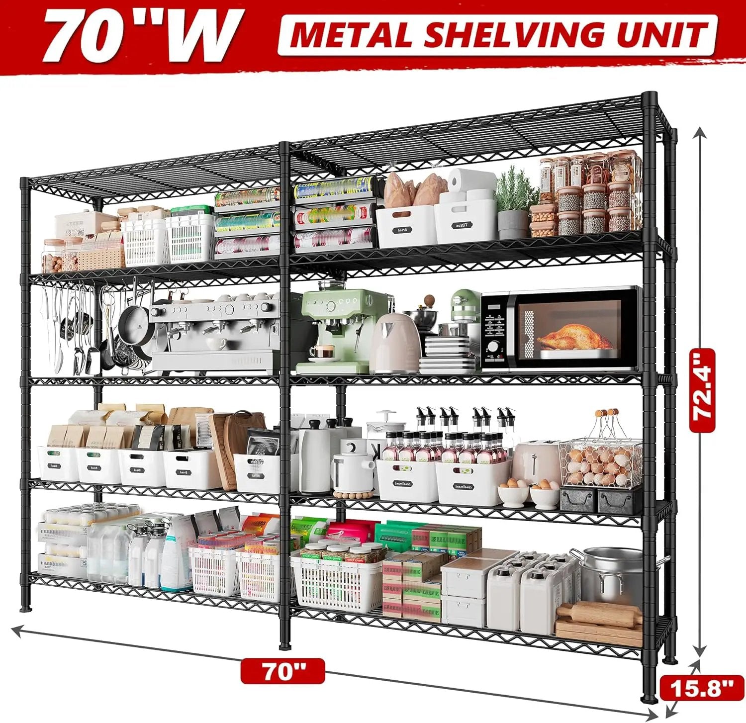 REIBII 70"W Storage Shelves Load 1600LBS, Metal Shelving 5-tier Wire Shelving Unit Metal Shelves for Storage Adjustable Garage Shelving for Pantry Kitchen Garage Commercial school 70"W*15.8"D*72.4"H by GreenHaven Gardens