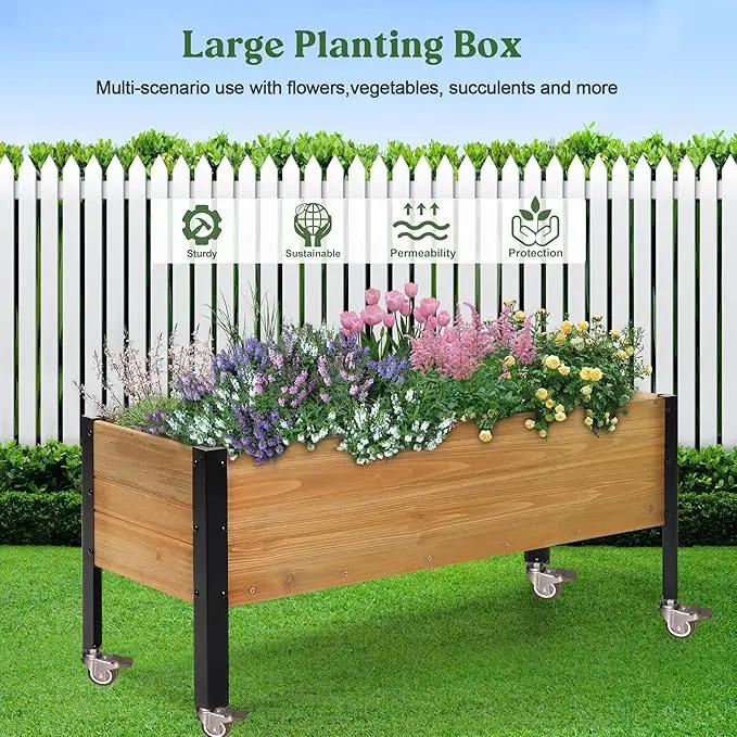 Wood Rectangular Garden Planter Box with Wheel Raised Garden Bed Outdoor,Planters for Outdoor Plants 37 * 13 * 15 Elevated Planter Box for Herbs Vegetables Flowers Outdoor Patio Deck Balcony by GreenHaven Gardens