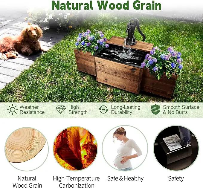 Outdoor Water Fountain,Floor Wooden Rectangular Pump Old-Fashioned Fountain with Flower Box,Electric Decorative Hand Pump, Outdoor Water Feature for Garden Patio Backyard by GreenHaven Gardens