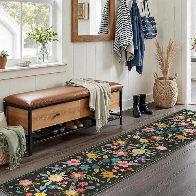GENIMO Indoor Outdoor Area Rug 2' X 10' Waterproof, Washable Runner Rug Non Shedding, Easy Cleaning Floral Outdoor Carpet for Patio, Living Room, Bedroom, Entryway, Porch, Dining Room, Black by GreenHaven Gardens
