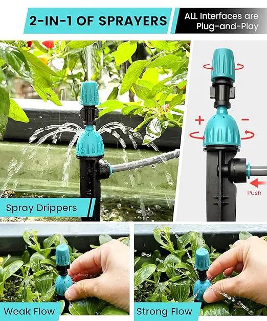 Automatic Drip Irrigation Kits with Y-Type Distribution Tubing, 14 Drip and Spray Integrated Nozzles, 33ft PE Main Tube, and 33ft PVC Branch Tubing for Garden, Patio, and Greenhouse by GreenHaven Gardens