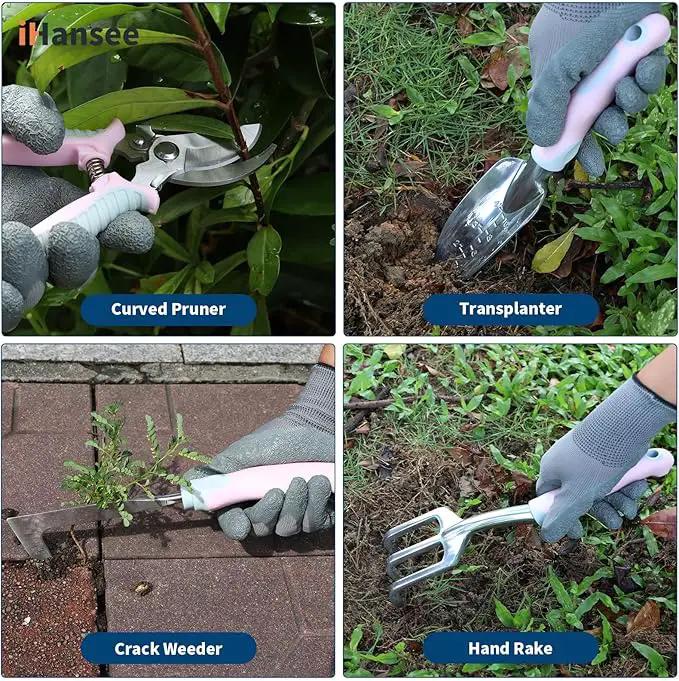 Pink Garden Tool Sets 12 Pieces, iHansee Aluminum Gardening Hand Tools with Non-Slip Handle, Kneeling Pad, Apron, Gloves and Organizer Bag, Landscaping Tools - Gift for Women & Garden Enthusiasts by GreenHaven Gardens