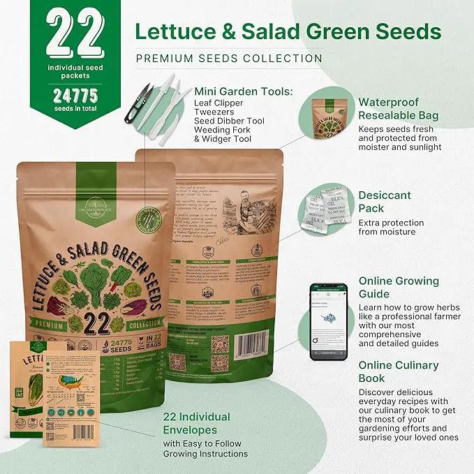 Organo Republic 22 Lettuce & Salad Greens Seeds Variety Pack 24,700+ Non-GMO Heirloom Lettuce Seeds for Indoor & Outdoor Garden, Hydroponics, Aerogarden - Arugula, Kale, Spinach, Swiss Chard, Lettuce by GreenHaven Gardens