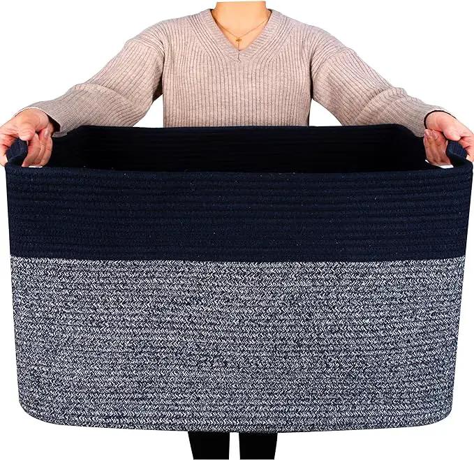 MINTWOOD Design 22in Extra Large Blanket Basket Holder for Living Room, Rectangle Rope Woven Storage Bin with Handles for Laundry, Pool Towels, and Shoes, Dog Toy Box Organizer, Navy Blue by GreenHaven Gardens