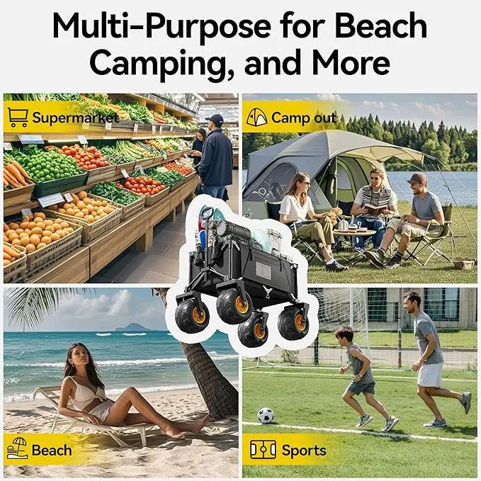 DXZ Beach Wagon Cart with Big Wheels for Sand – Folding Collapsible Wagon, Heavy Duty Wagons Carts Foldable for Beach, Camping, Outdoor Gear, Easy Setup Black Yellow by GreenHaven Gardens