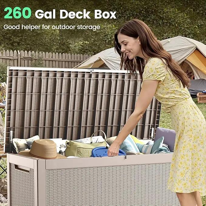260 Gallon Storage Box, Waterproof Resin Deck Box with Steel Support & Hydraulic Rod, Lockable Storage Bench for Indoor & Outdoor Use, Storage Bin for Patio Cushions, Garden Tools, Grey by GreenHaven Gardens