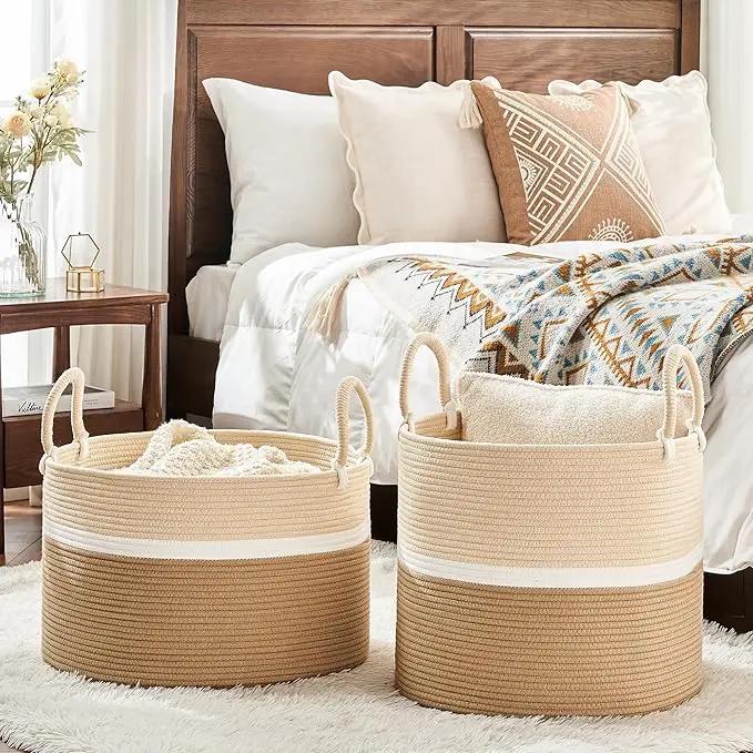 KAKAMAY Large Blanket Basket (20"x13"),Woven Baskets for storage Baby Laundry Hamper, Cotton Rope Blanket Basket for Living Room, Laundry, Nursery, Pillows, Baby Toy chest (White and Brown) by GreenHaven Gardens