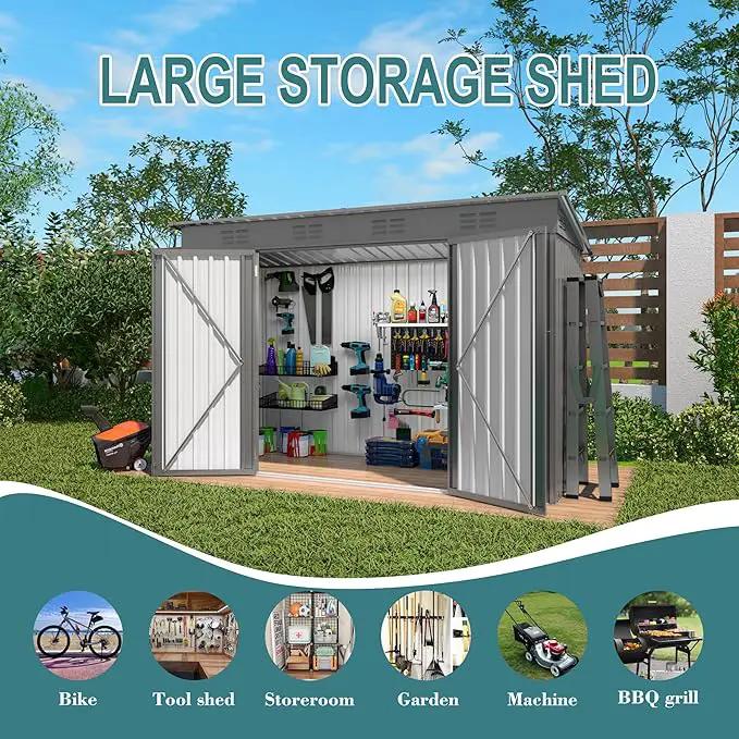 4 * 9.2 * 6 FT Outdoor Storage Shed, Galvanized Steel Garden Shed with Lockable Door & Window, Waterproof Metal Tool Storage for Garden, Backyard, Patio, Lawn(Gray) by GreenHaven Gardens