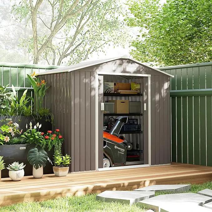 Outsunny 7' x 4' Outdoor Storage Shed, Garden Tool Metal Shed with Foundation Kit, Double Lockable Door, Air Vents and Sloping Roof, for Backyard, Patio, Lawn, Gray by GreenHaven Gardens