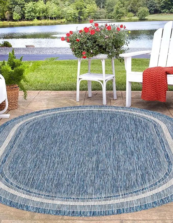 Unique Loom Outdoor Border Collection Area Rug - Soft Border (3' 3" x 5' 3" Oval, Blue/ Ivory) by GreenHaven Gardens