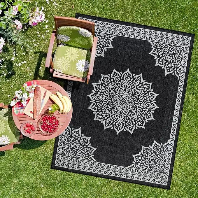 CAMILSON Outdoor Rug, 8x10 Medallion Black White Modern Area Rugs for Indoor and Outdoor Patios, Kitchen and Hallway Mats, Washable Porch Deck Outside Carpet (Medallion Black, 8 x 10) by GreenHaven Gardens