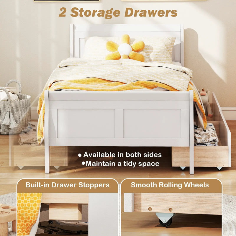Twin Size Sleigh Bed with 2 Storage Drawers Wood Platform Bed Frame by DirectDeals