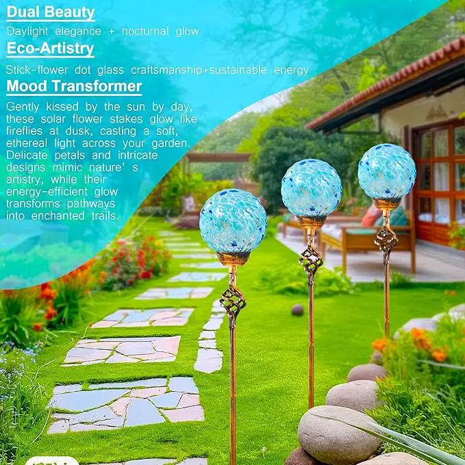 Garden Solar Lights, Decorative LED Honeycomb Glass Ball Garden Stake, Glass and Metal Outdoor Decoration, 4 x 31 Inch (Light Blue) by GreenHaven Gardens