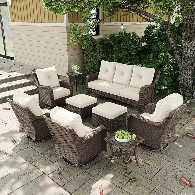 9 Pieces Outdoor Patio Furniture Sets with Rocking Swivel Chairs with 6-inch Thick Cushion and Side Table for Deck Lawn by GreenHaven Gardens