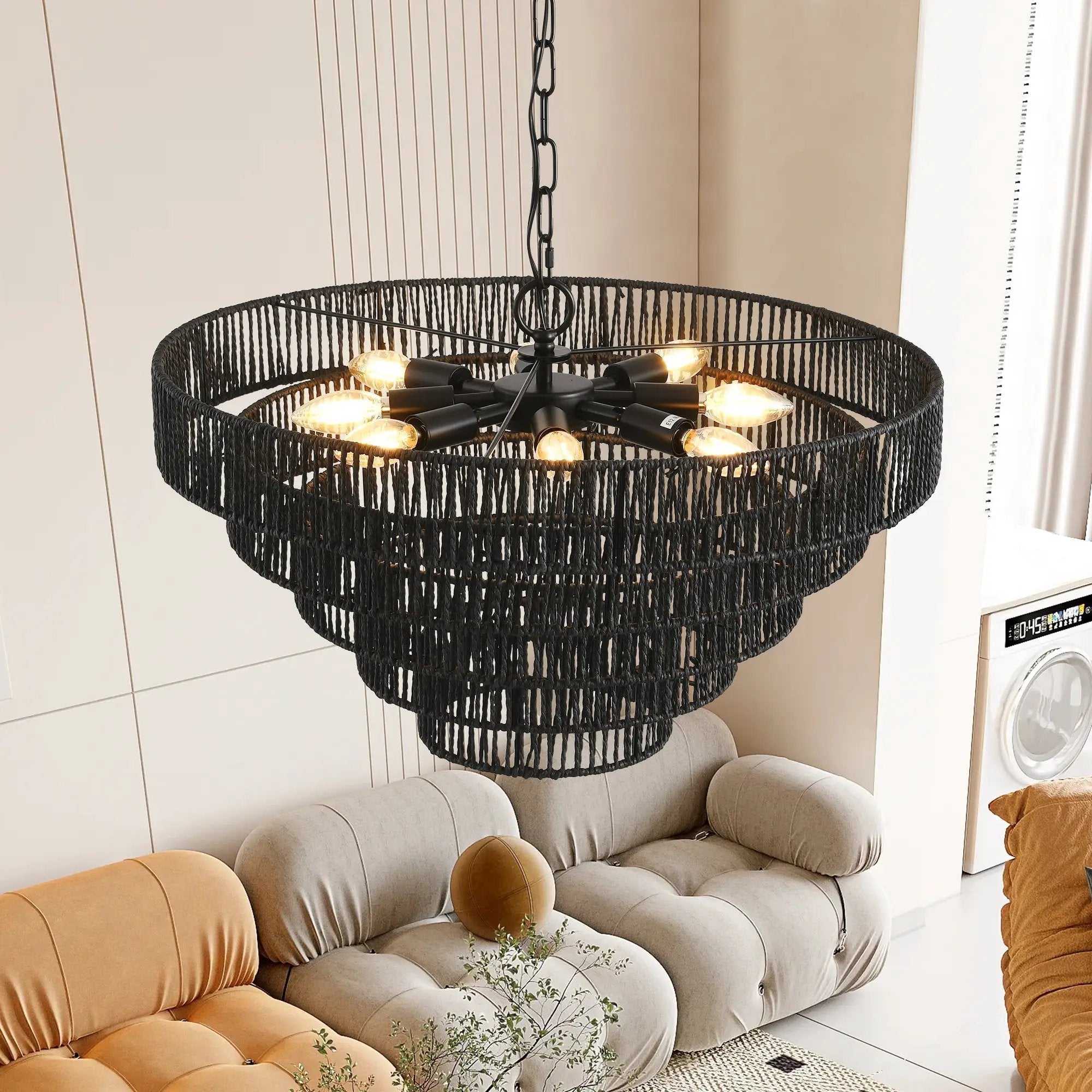 24" Rustic 5-Tier Black Hemp Rope Pendant Light Chandelier by HouseOfZazla