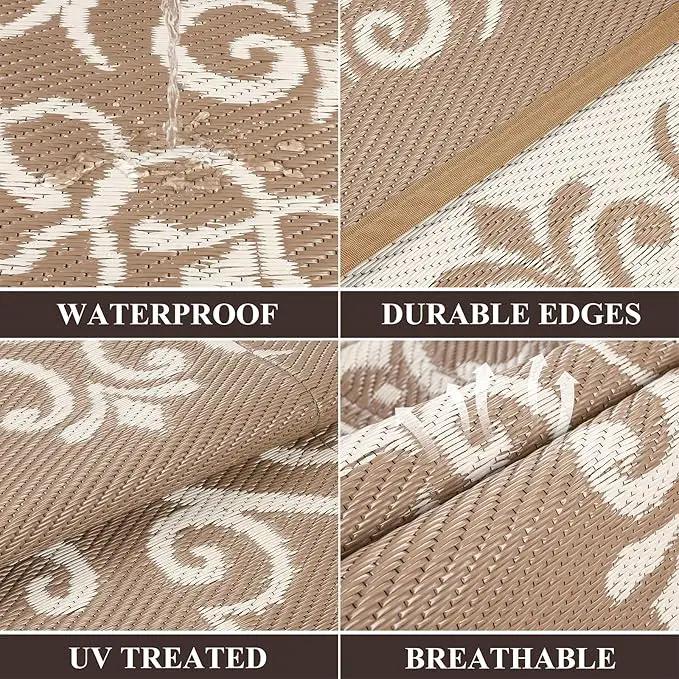 Pauwer Waterproof Outdoor Rug 9x12, Reversible Plastic Straw Patio Camping Rug, Indoor Outdoor RV Mat Carpet for Deck, Camper, Porch, Balcony, Backyard, Picnic, Floral Brown by GreenHaven Gardens