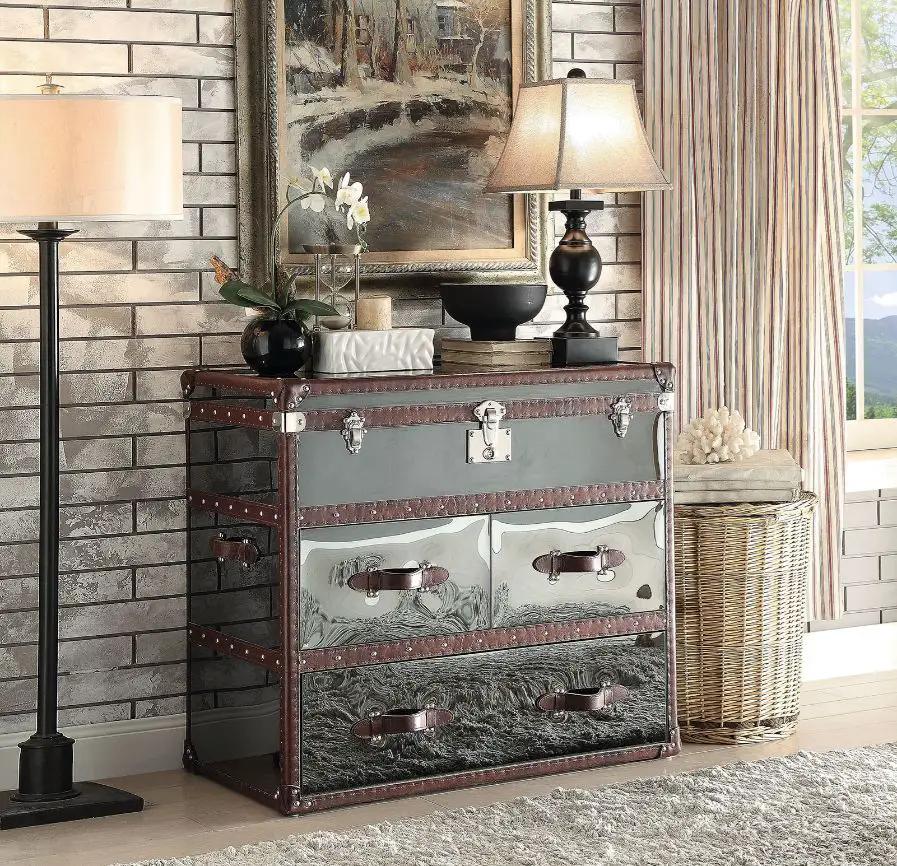 Aberdeen - Console Cabinet - Vintage Dark Brown Top Grain Leather & Stainless Steel by Unique Piece Furniture