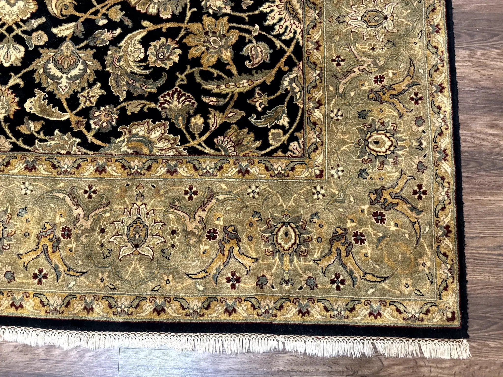 Indo Persian Rug 8x10, Black and Green, Wool, Handmade, Traditional, Floral Allover, Vintage by Jewel Rugs
