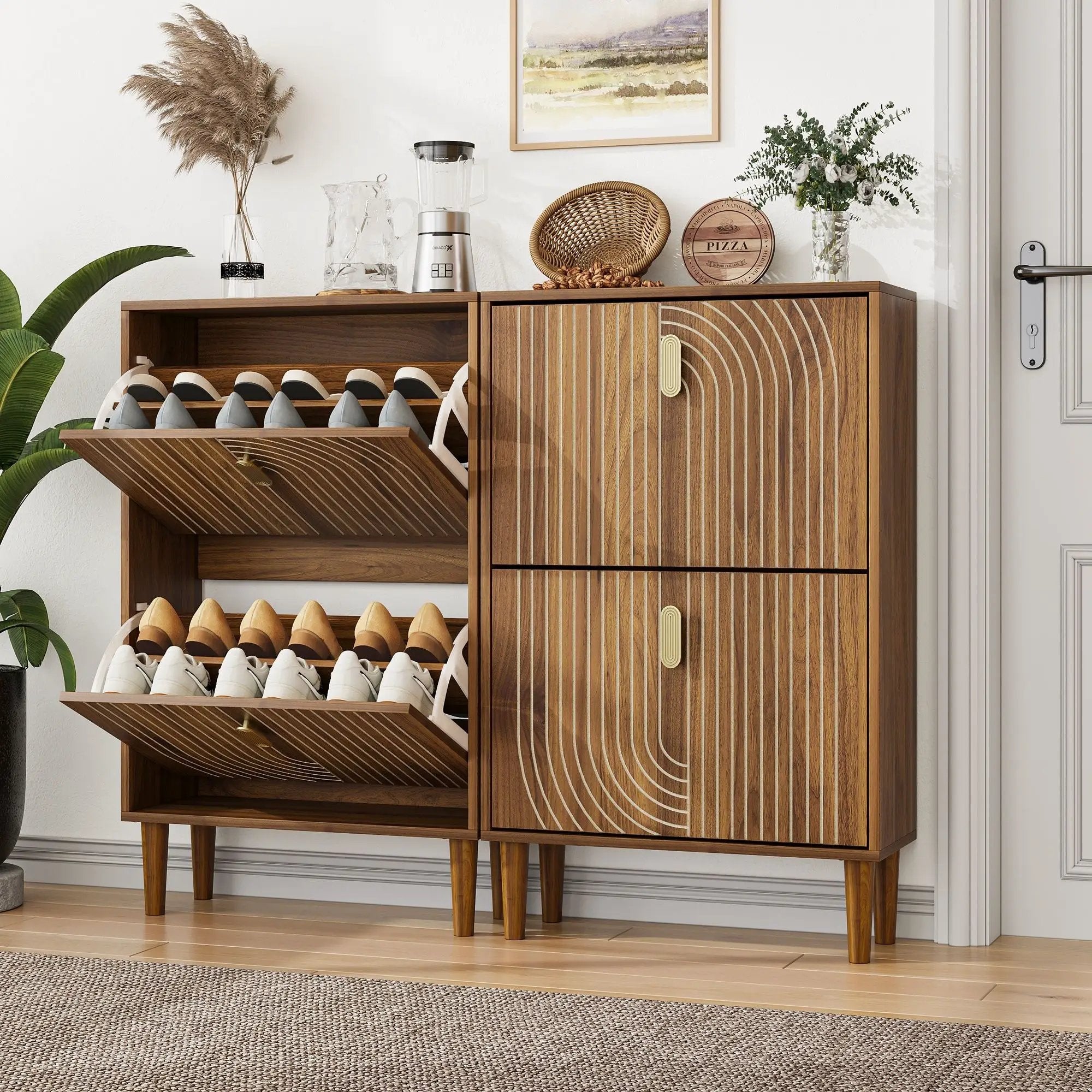 Modern Minimalist Shoe Storage Cabinet With 2 Flip Drawers And Metal Handles - Brown by Unique Piece Furniture