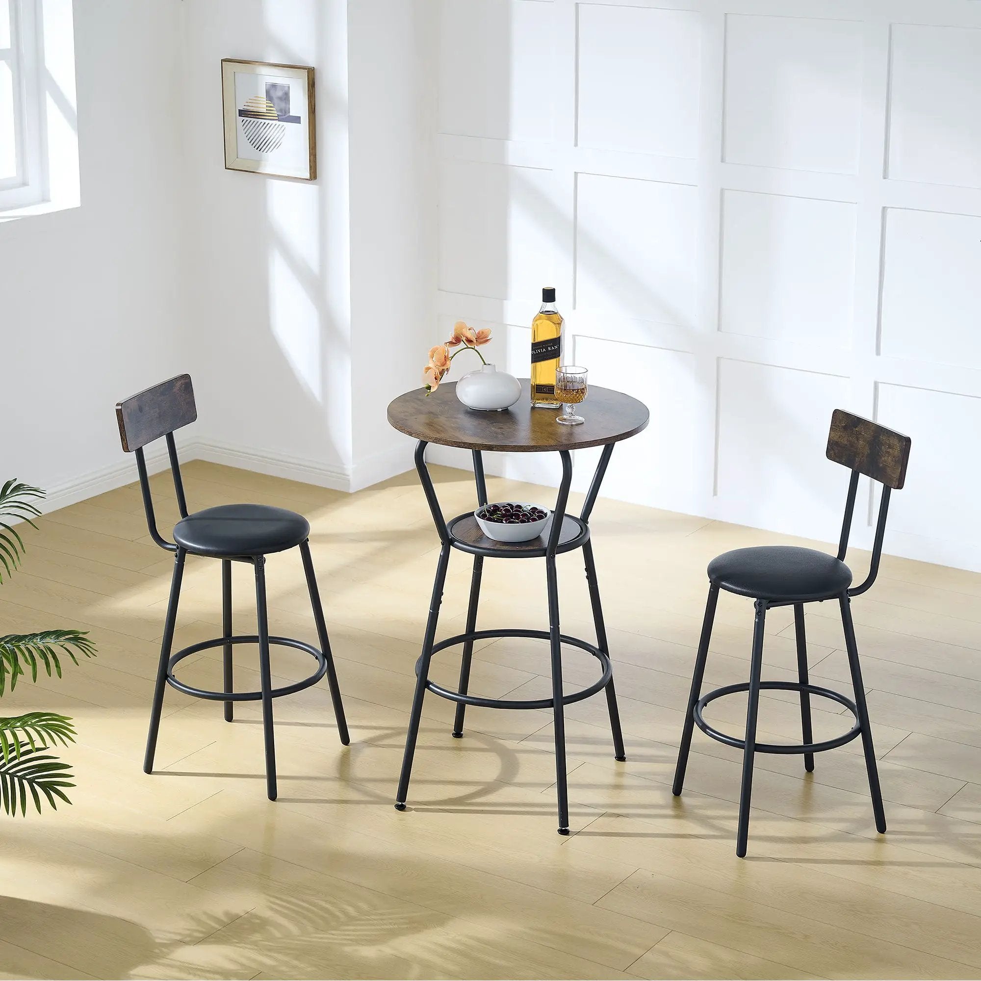 Rustic Brown Round Bar Table And Stool Set With Shelf, Upholstered Stool With Backrest - Antique Brown by HouseOfZazla
