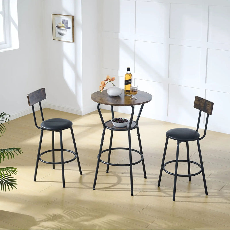 Rustic Brown Round Bar Table And Stool Set With Shelf, Upholstered Stool With Backrest - Antique Brown by HouseOfZazla