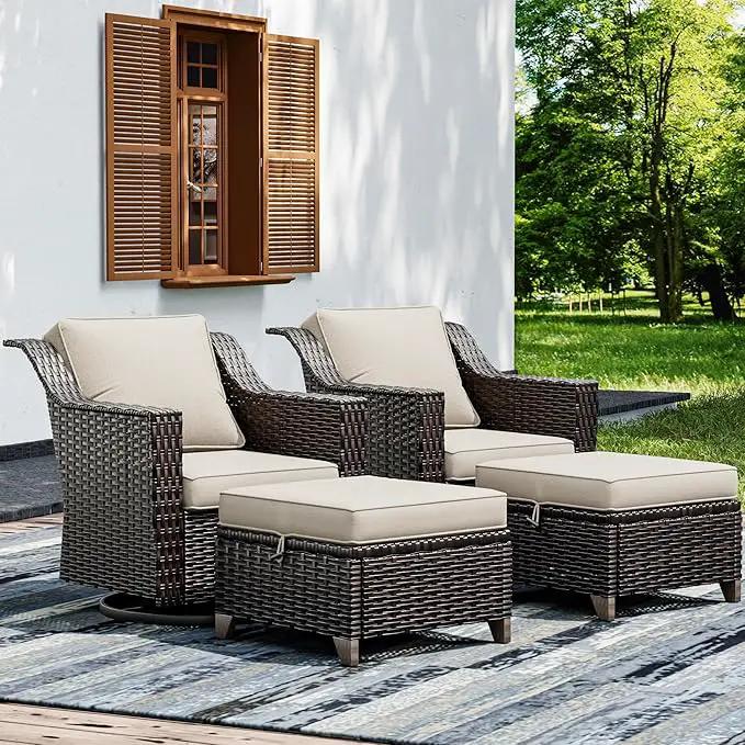 Joyside Wicker Patio Furniture Sets, 4 Pieces Upgraded Large Size Outdoor Furniture with Swivel Rocking Patio Chairs and Outdoor Ottoman, Thick Cushions, Wide Armrest by GreenHaven Gardens