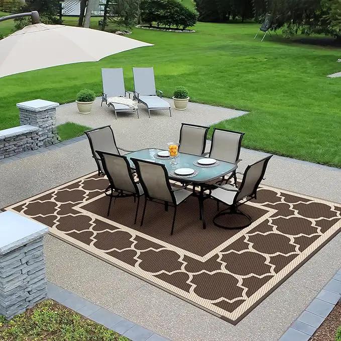 GENIMO 9' x 12' Outdoor Rug Waterproof for Patio Decor, Foldable Reversible Plastic Straw Area Rugs Mat for Camper, Outside Carpet for Rv, Deck, Porch, Picnic, Beach, Balcony, Coffee & Beige by GreenHaven Gardens