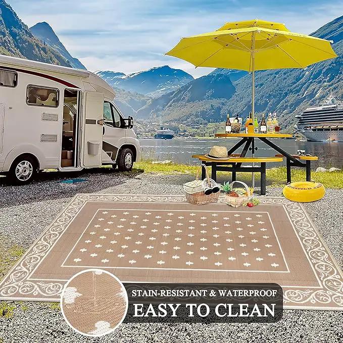 Pauwer Waterproof Outdoor Rug 8x10, Reversible Plastic Straw Patio Camping Rug, Indoor Outdoor RV Mat Carpet for Deck, Camper, Porch, Balcony, Backyard, Picnic, Bordered Beige by GreenHaven Gardens