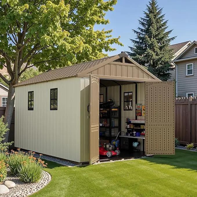 Patiowell 8 x 12 FT Plastic Outdoor Storage Shed with Floor, Resin Shed with Window and Lockable Door for Garden, Backyard, Tool Storage Use, Easy to Install in Brown (Kick-it Shed) by GreenHaven Gardens