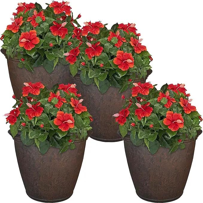 Sunnydaze 24-Inch Anjelica Large Plastic Pot for Plants - Outdoor Polyresin Round Planter with Drillable Drainage Holes - Rust - 4pk by GreenHaven Gardens