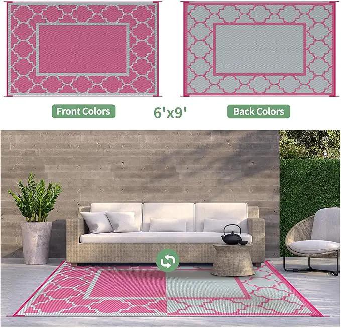 GENIMO 6' x 9' Outdoor Rug Waterproof for Patio Decor, Foldable Reversible Plastic Straw Area Rugs Mat for Camper, Outside Carpet for Rv, Deck, Porch, Picnic, Beach, Balcony, Pink & Grey by GreenHaven Gardens