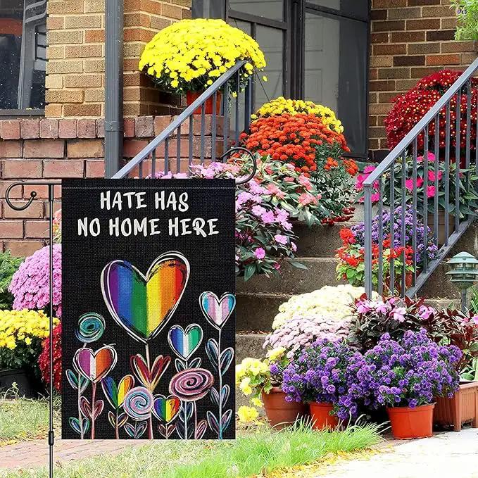 Hate Has No Home Here Pride Garden Flag 12x18 Double Sided Burlap, Small Rainbow Love Heart Gay Lesbian LGBT Pansexual Yard Sign Banner for Pride Month Porch Outdoor Decor by GreenHaven Gardens