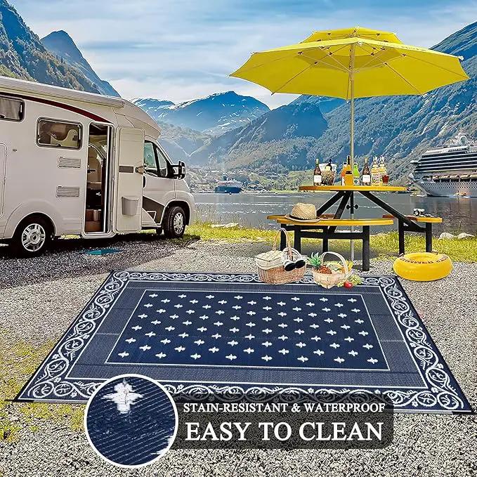 Pauwer Waterproof Outdoor Rug 8x10, Reversible Plastic Straw Patio Camping Rug, Indoor Outdoor RV Mat Carpet for Deck, Camper, Porch, Balcony, Backyard, Picnic, Bordered Navy by GreenHaven Gardens