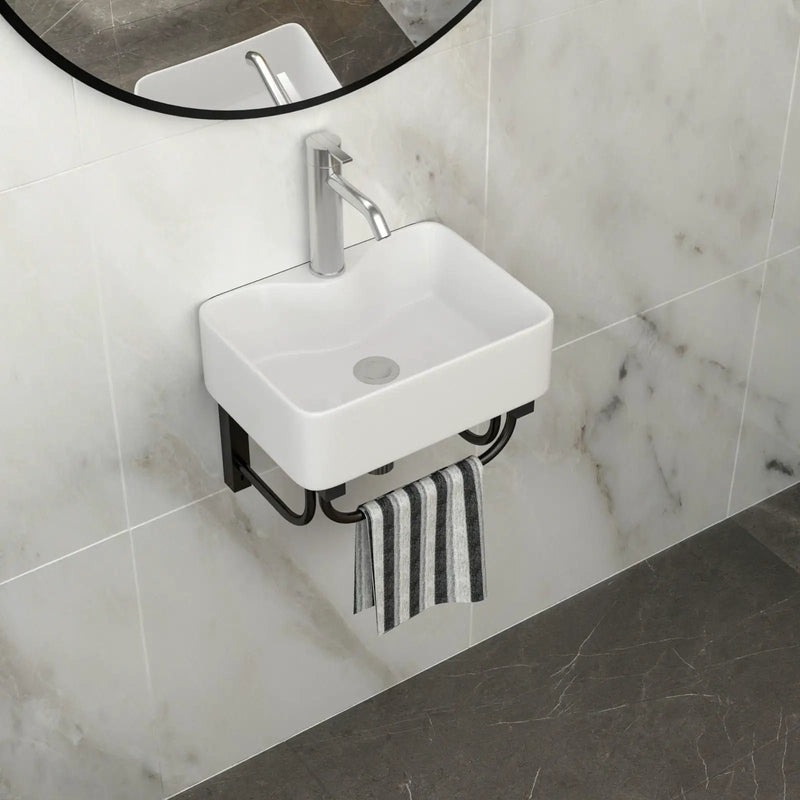 Rectangular Bathroom Sink With Towel Bar & Faucet Hole, Wall Mounted - White by Unique Piece Furniture
