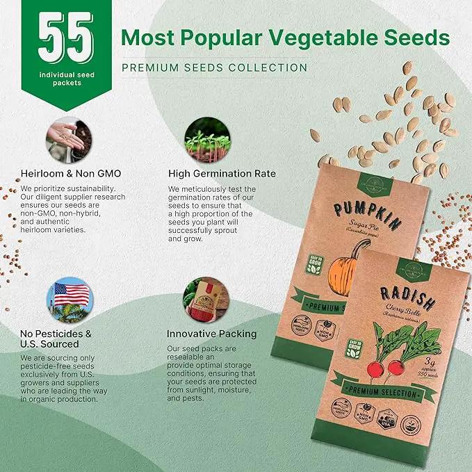 55 Vegetable Seeds Variety Pack - 35,600+ Non-GMO Heirloom Seeds for Planting Vegetables and Fruits in Individual Seed Packets, Home Garden Seeds for Hydroponic, Indoor and Outdoors Gardening by GreenHaven Gardens