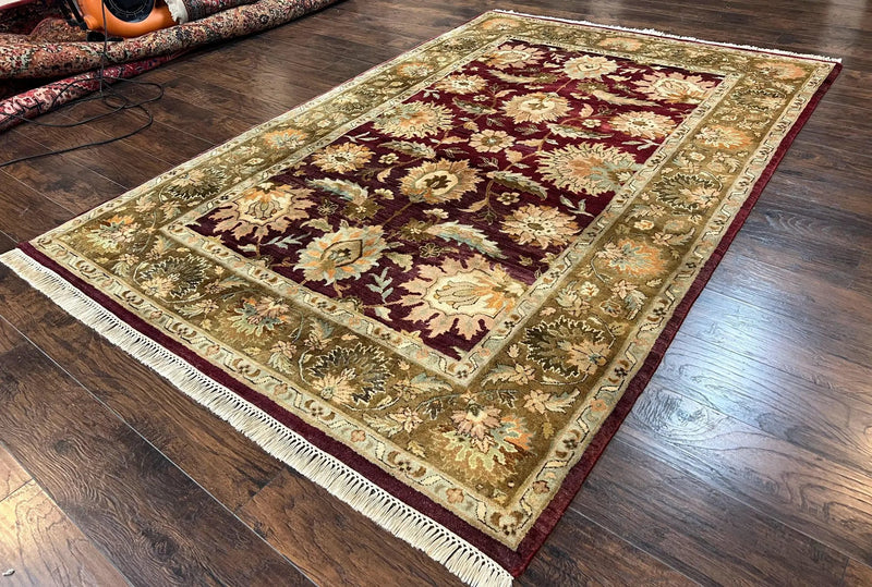 Indo Mahal Rug 6x9, Large Flowers Allover, Maroon and Green, Handmade Wool Area Rug, Vintage Rug, Indian Oriental Carpet, Hand Knotted Rug by Jewel Rugs
