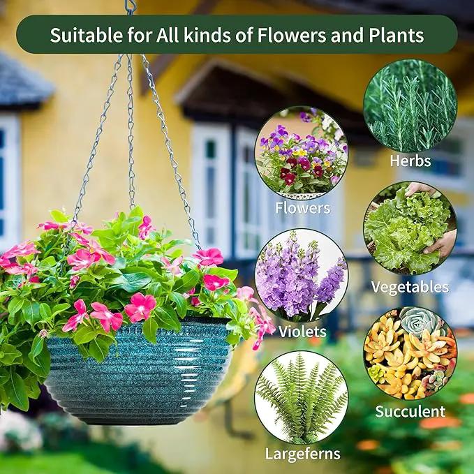 12 inch Hanging Planters for Indoor Outdoor Plants, 2 Pack Large Hanging Flower Pots with Drainage Holes and Chain, Glazed Hanging Baskets for Home Garden Decoration, Blue by GreenHaven Gardens