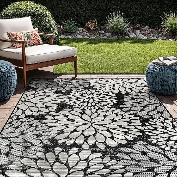 Beverly Rug Outdoor Rug 9x12 Modern Exotic Tropical Leaf Area Rugs for Indoor and Outdoor Patio Deck Porch Garden Water Resistant Washable Outside Carpet (9 x 12 Dark Gray) by GreenHaven Gardens